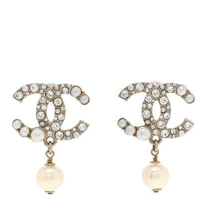 Chanel Crystal Pearl CC Drop Earrings Gold Pearly White 1 of 6