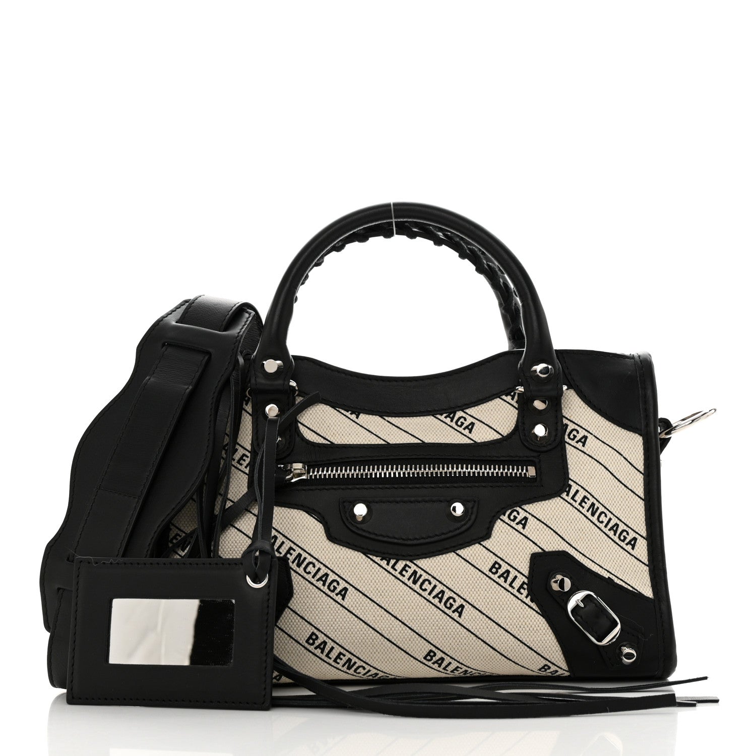 Balenciaga Canvas Satin Calfskin Diagonal Allover Logo Print Classic Silver Hardware Mini City Natural Black 2 of 12
