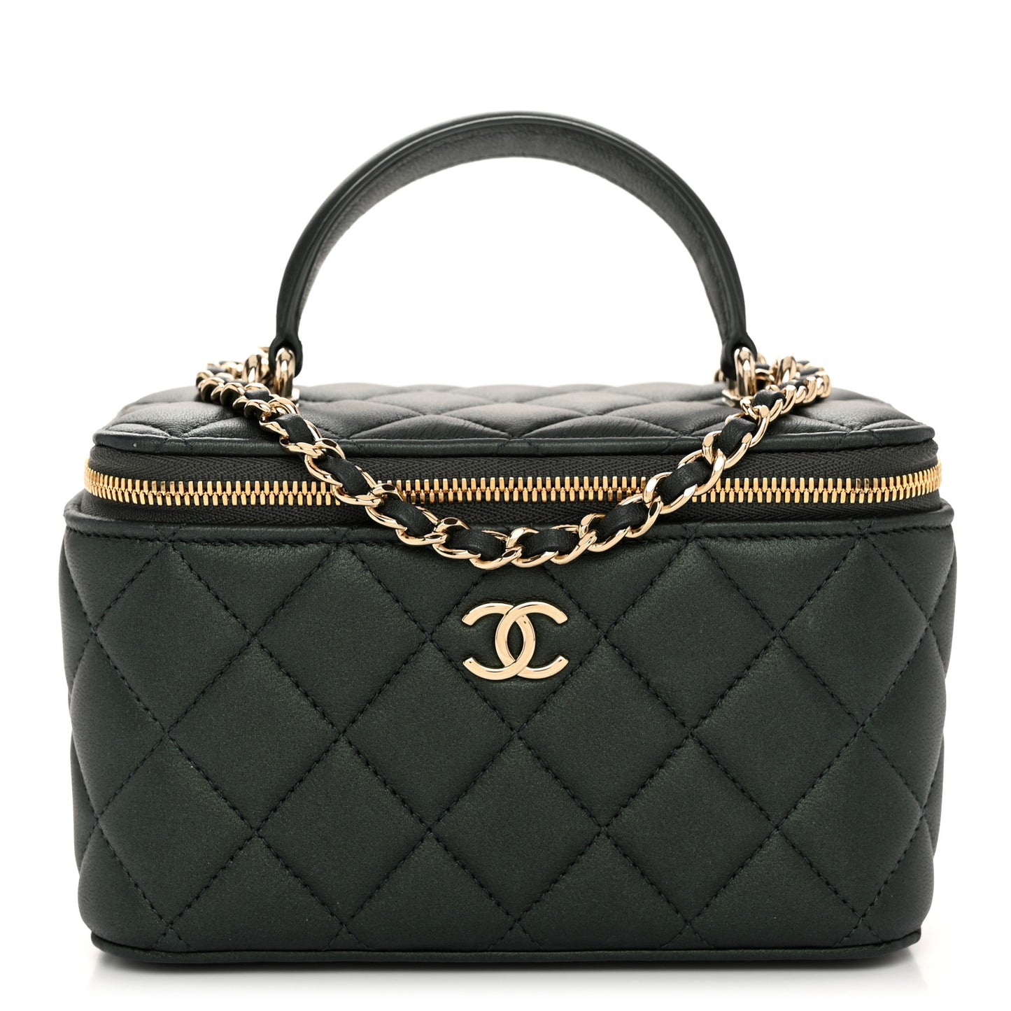 Iridescent Lambskin Quilted Small Top Handle Vanity Case With Chain Green