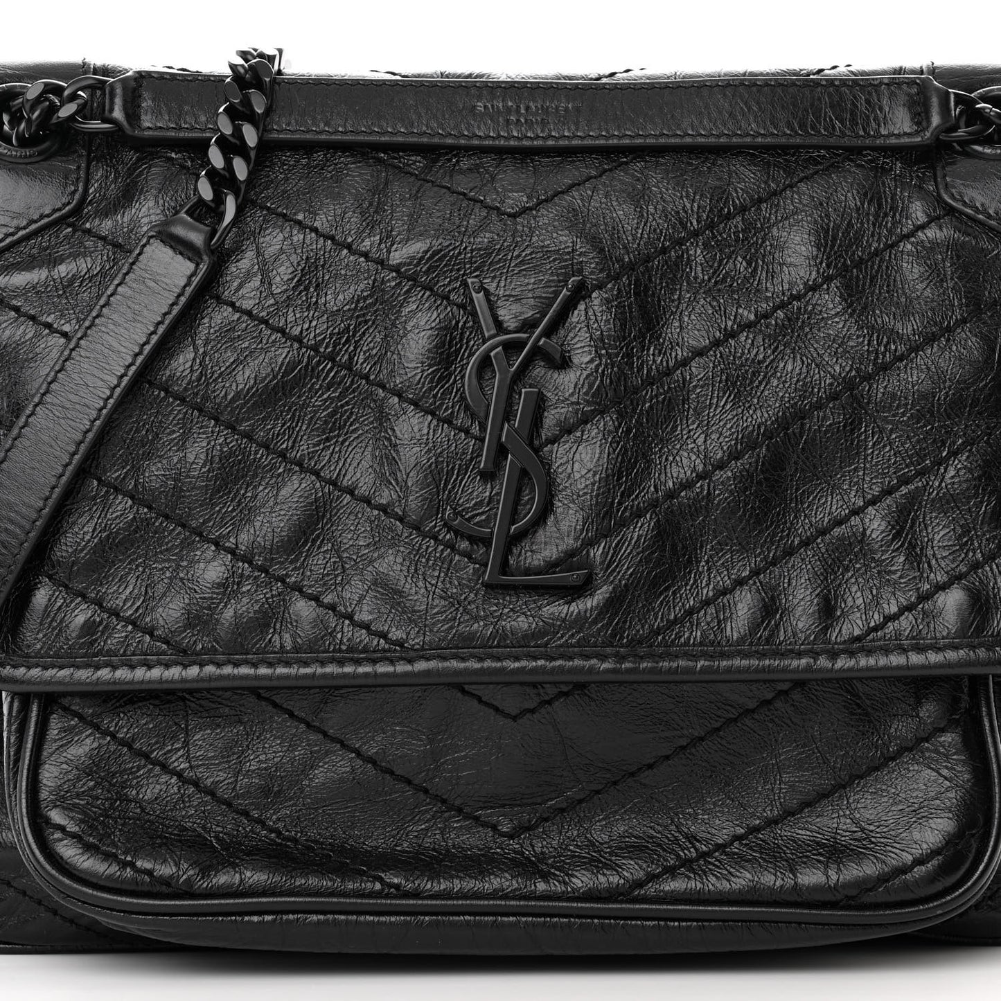 Crinkled Calfskin Matelasse Monogram Medium Niki Chain Satchel Black