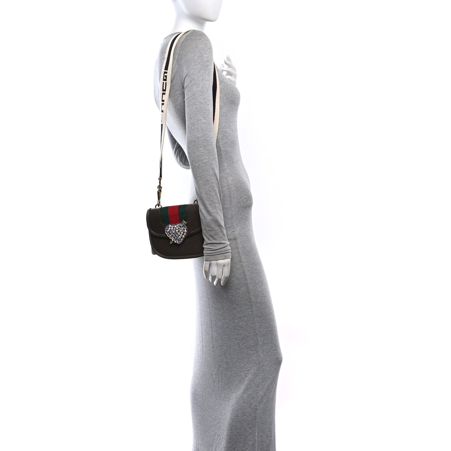Textured Calfskin Web Crystal Heart Stripe Small Totem Shoulder Bag New Acero