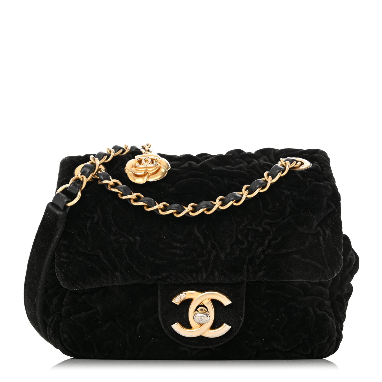 Velvet Camellia Embossed Mini Square Flap Black