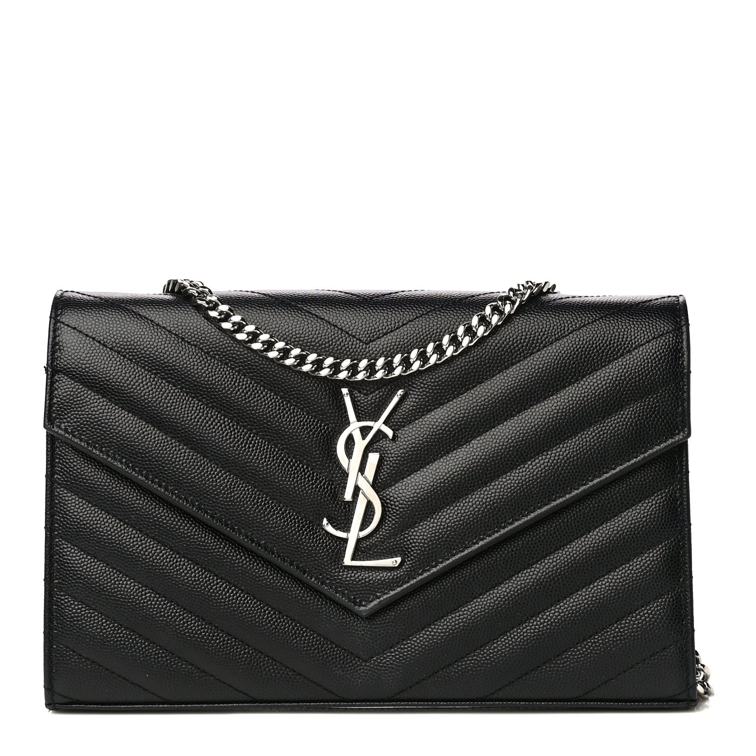 Saint Laurent Grain De Poudre Matelasse Chevron Monogram Chain Wallet Black 1 of 21