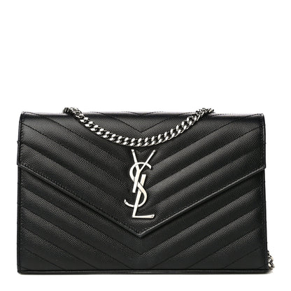 Saint Laurent Grain De Poudre Matelasse Chevron Monogram Chain Wallet Black 1 of 21
