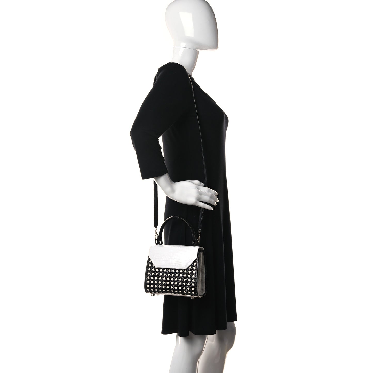 Crocodile Woven Top Handle Bag White Black