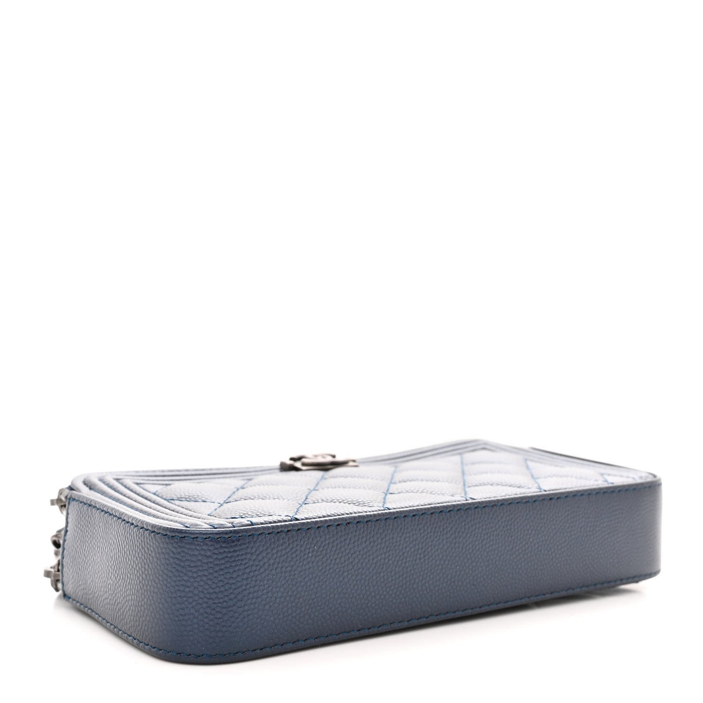Metallic Caviar Quilted Small Boy Clutch With Chain Navy