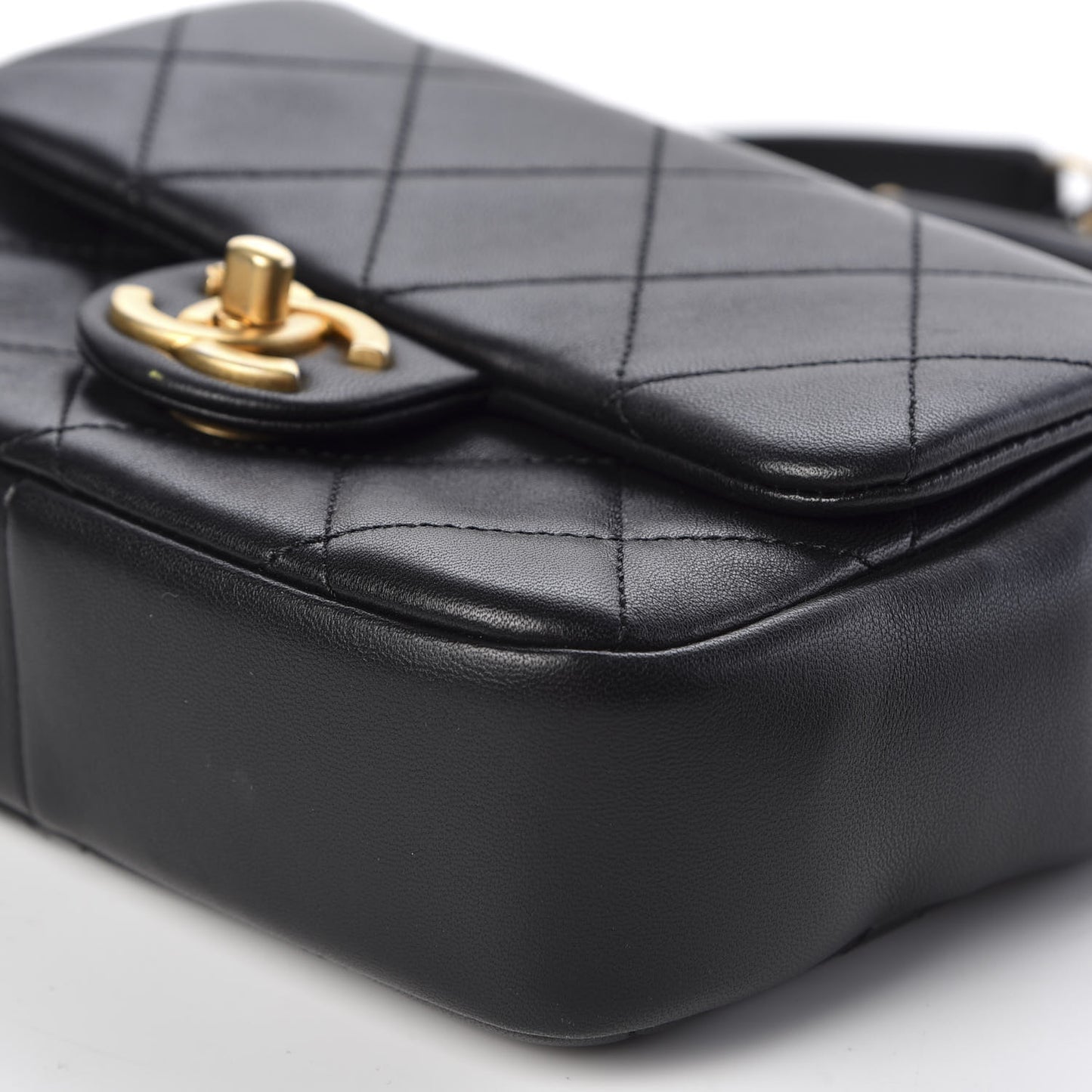 Lambskin Quilted Small Circular Handle Bag Black
