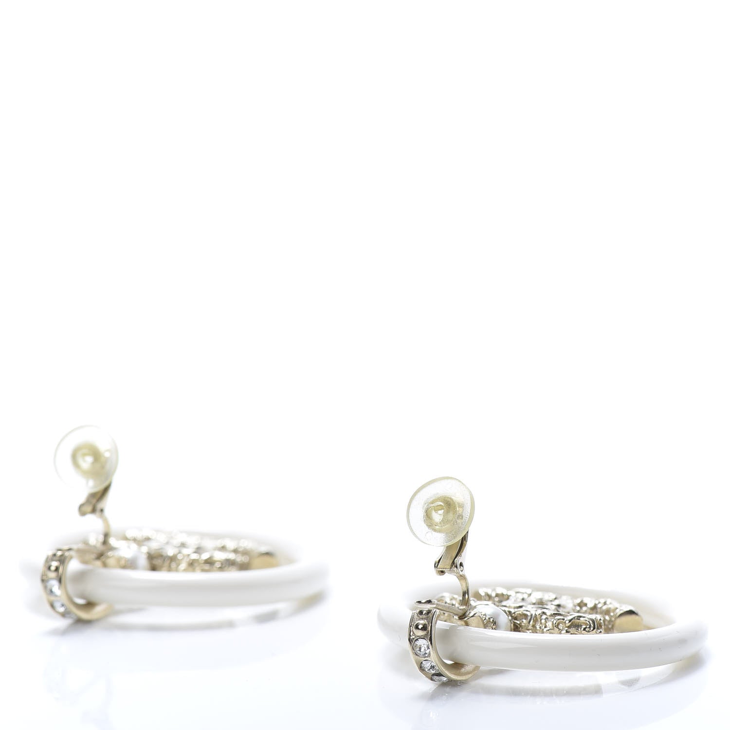 Chanel Resin Crystal Pearl CC Drop Earrings White Gold 3 of 4