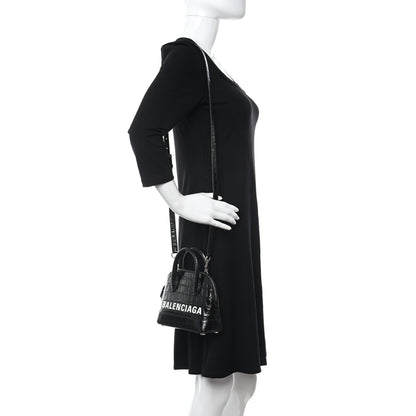 Balenciaga Calfskin Logo Crocodile Embossed XXS Ville Top Handle Bag Black White 2 of 9