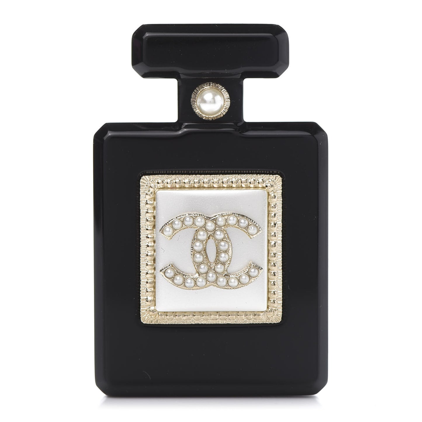 Resin Pearl Perfume Bottle CC Brooch Black Gold