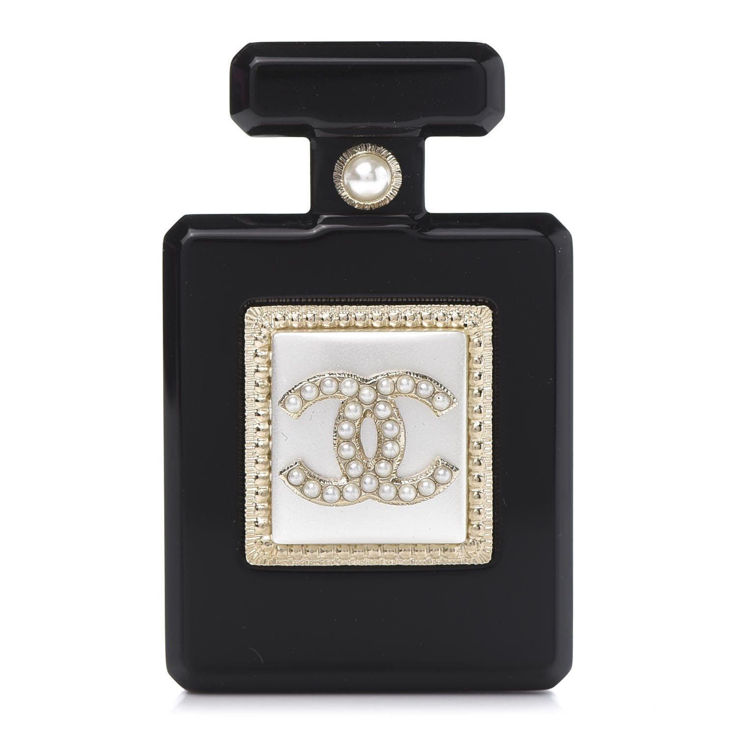 Chanel Resin Pearl Perfume Bottle CC Brooch Black Gold 1 of 5
