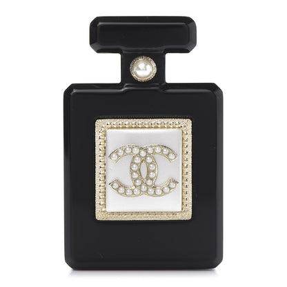 Chanel Resin Pearl Perfume Bottle CC Brooch Black Gold 1 of 5