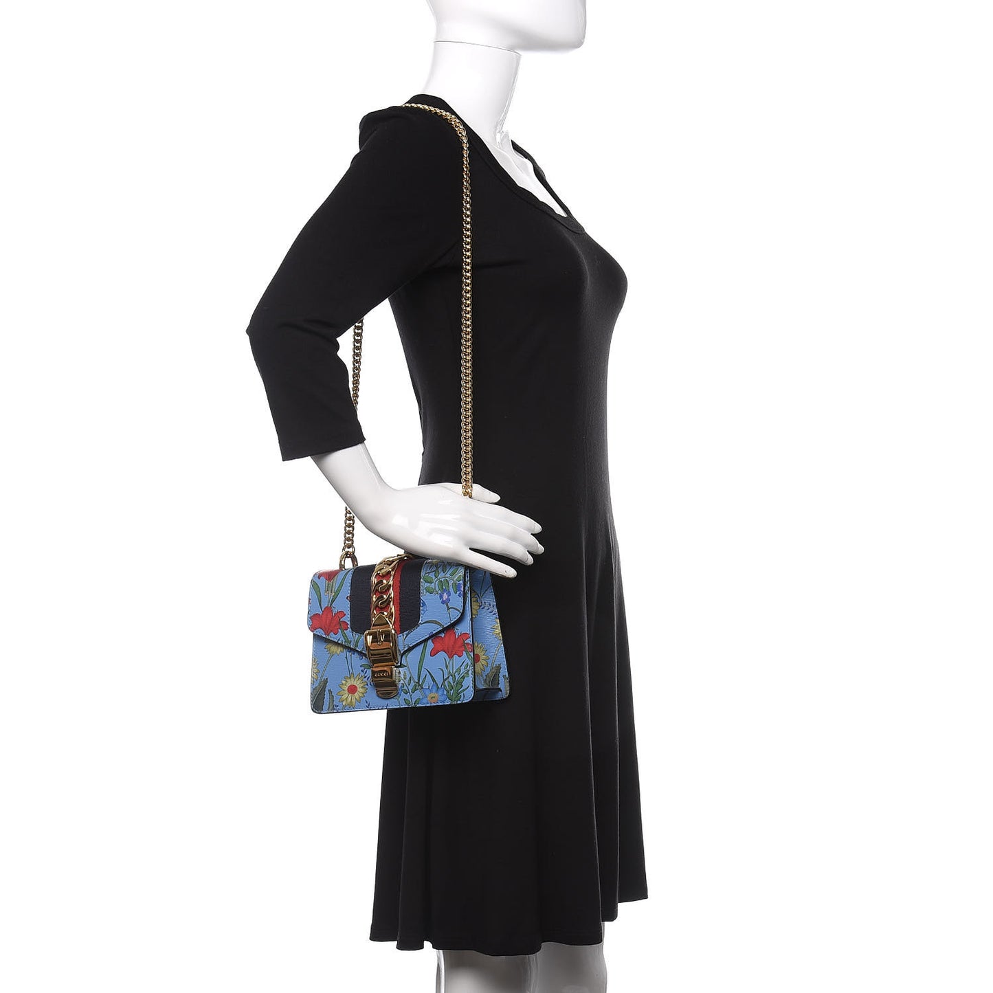 Shangai Calfskin Web New Flora Mini Sylvie Chain Shoulder Bag Azure