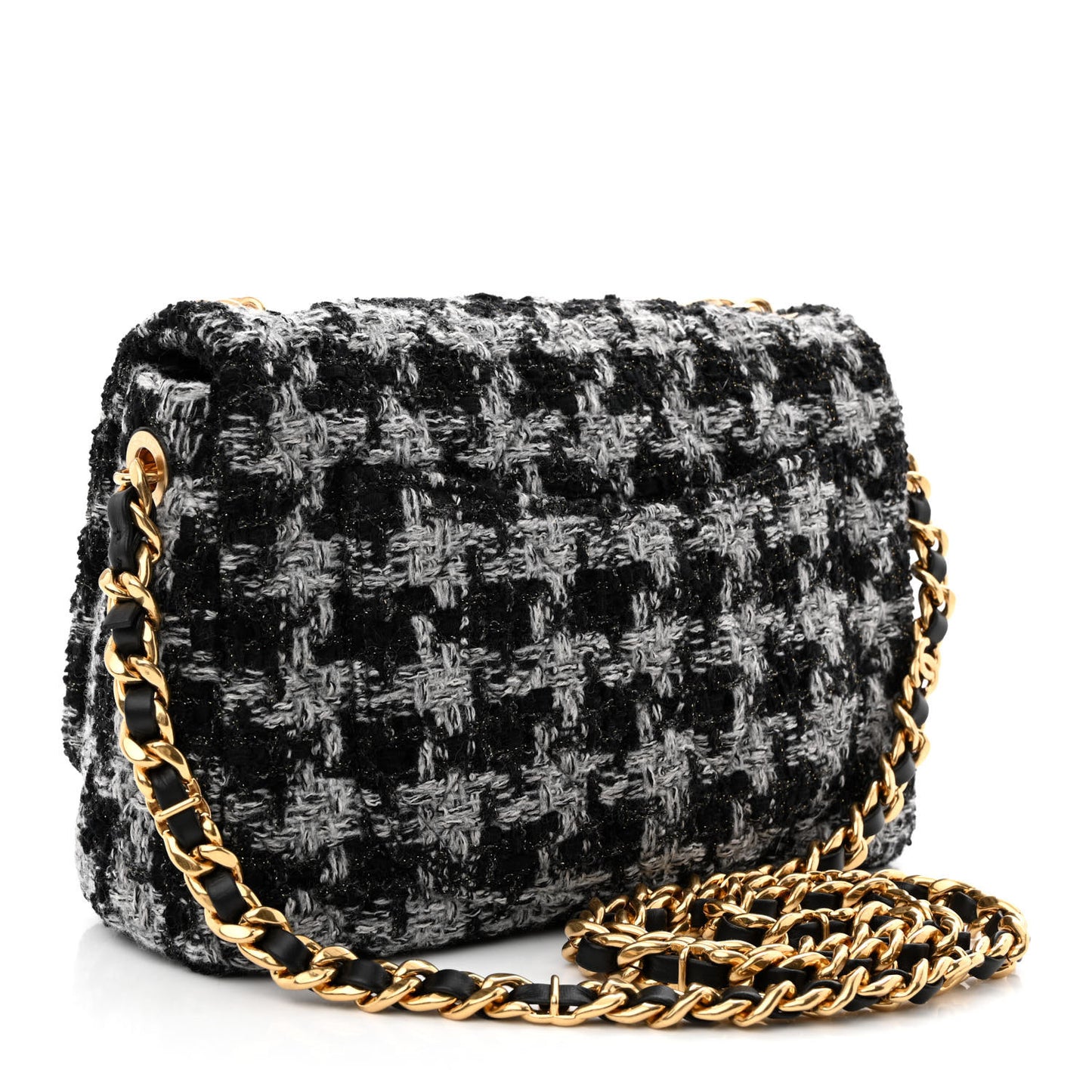 Wool Tweed Quilted Elegant Chain Flap Black Grey