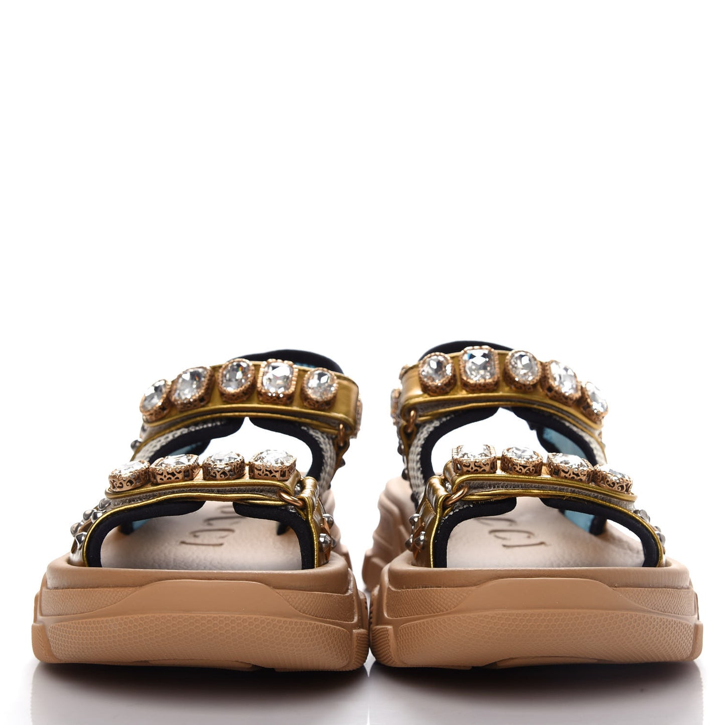 Silk Calfskin Mesh Crystal Embellished Studded Womens Aguru Sandals 38.5 Gold
