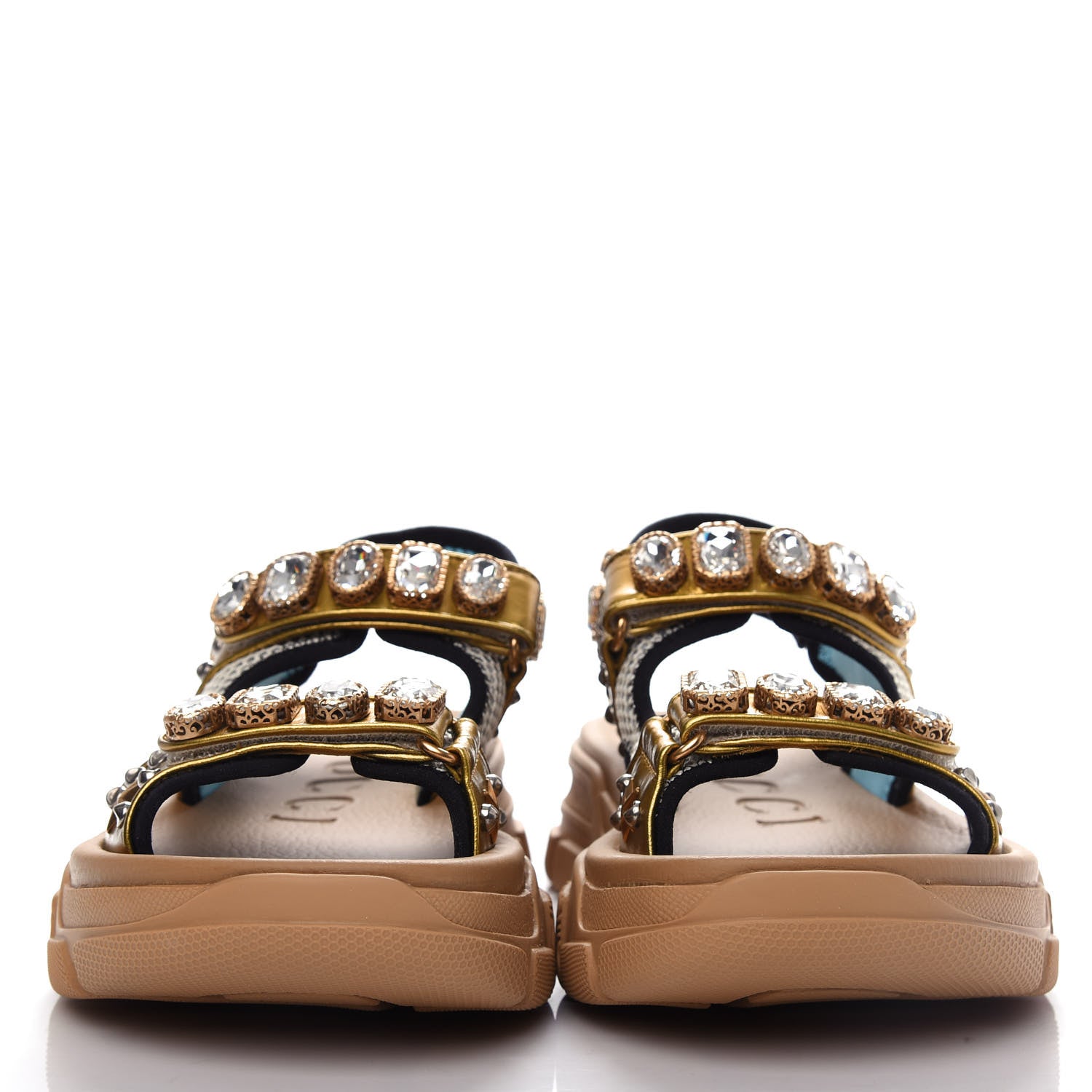 Gucci Silk Calfskin Mesh Crystal Embellished Studded Womens Aguru Sandals 38.5 Gold 2 of 10