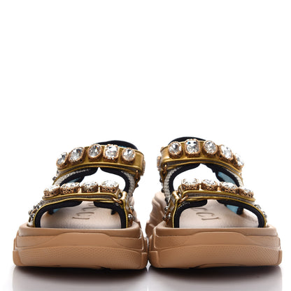 Gucci Silk Calfskin Mesh Crystal Embellished Studded Womens Aguru Sandals 38.5 Gold 2 of 10