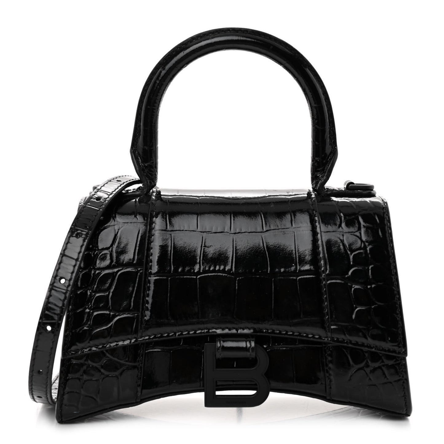 Shiny Calfskin Monochrome Crocodile Embossed Hourglass Top Handle Bag XS Black