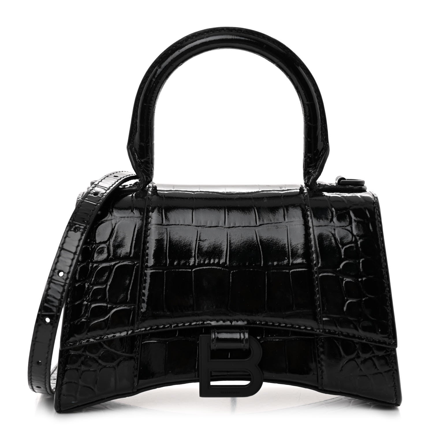 Balenciaga Shiny Calfskin Monochrome Crocodile Embossed Hourglass Top Handle Bag XS Black 1 of 9