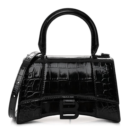 Balenciaga Shiny Calfskin Monochrome Crocodile Embossed Hourglass Top Handle Bag XS Black 1 of 9