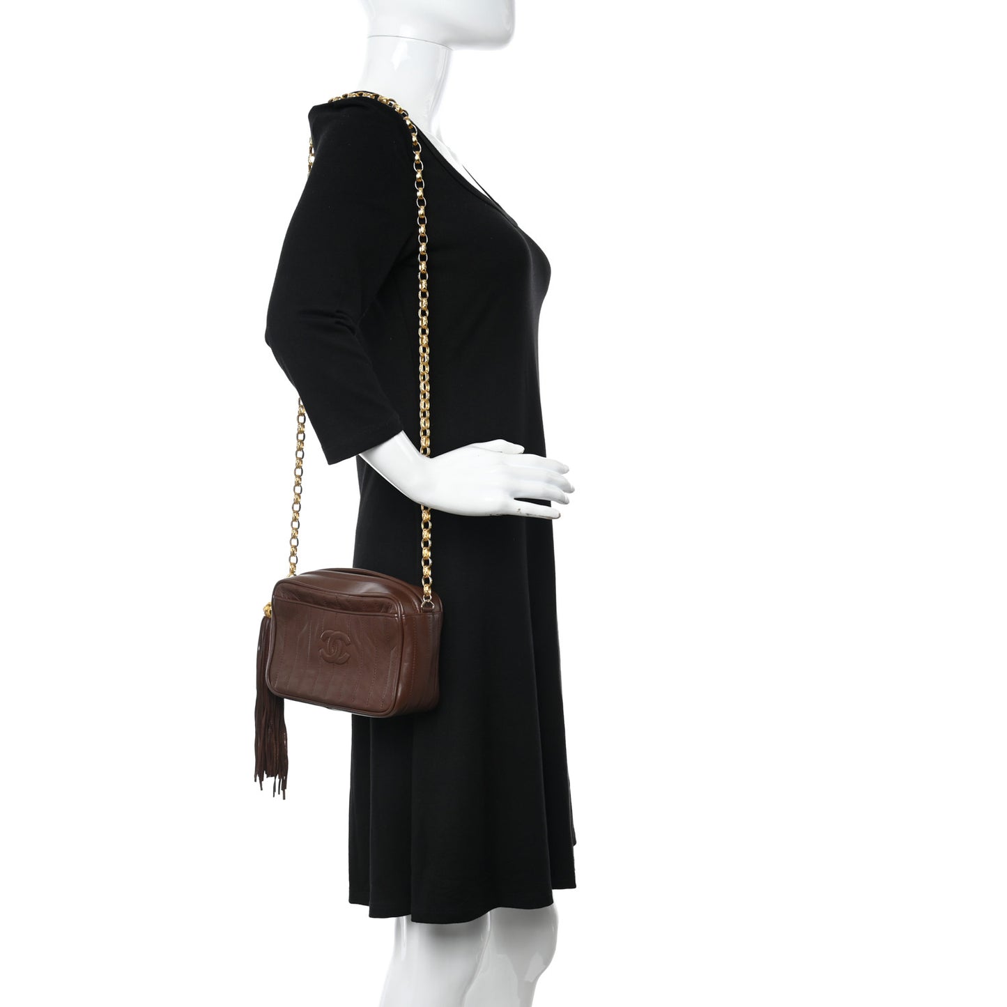 Lambskin Vertical Quilted Tassel Camera Case Brown