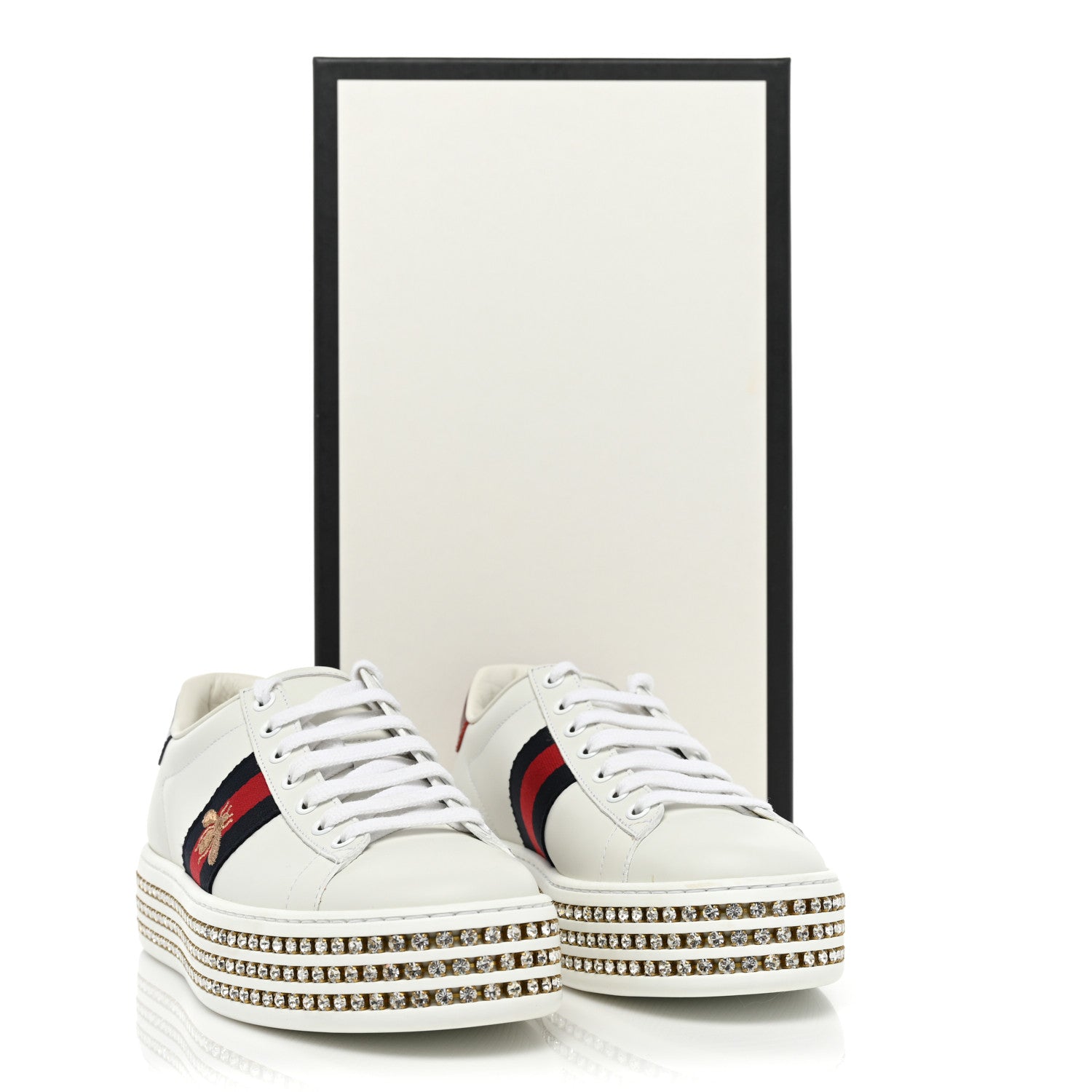 Gucci Calfskin Crystal Web Bee Embroidered Womens Ace Platform Sneakers 38 White 10 of 10