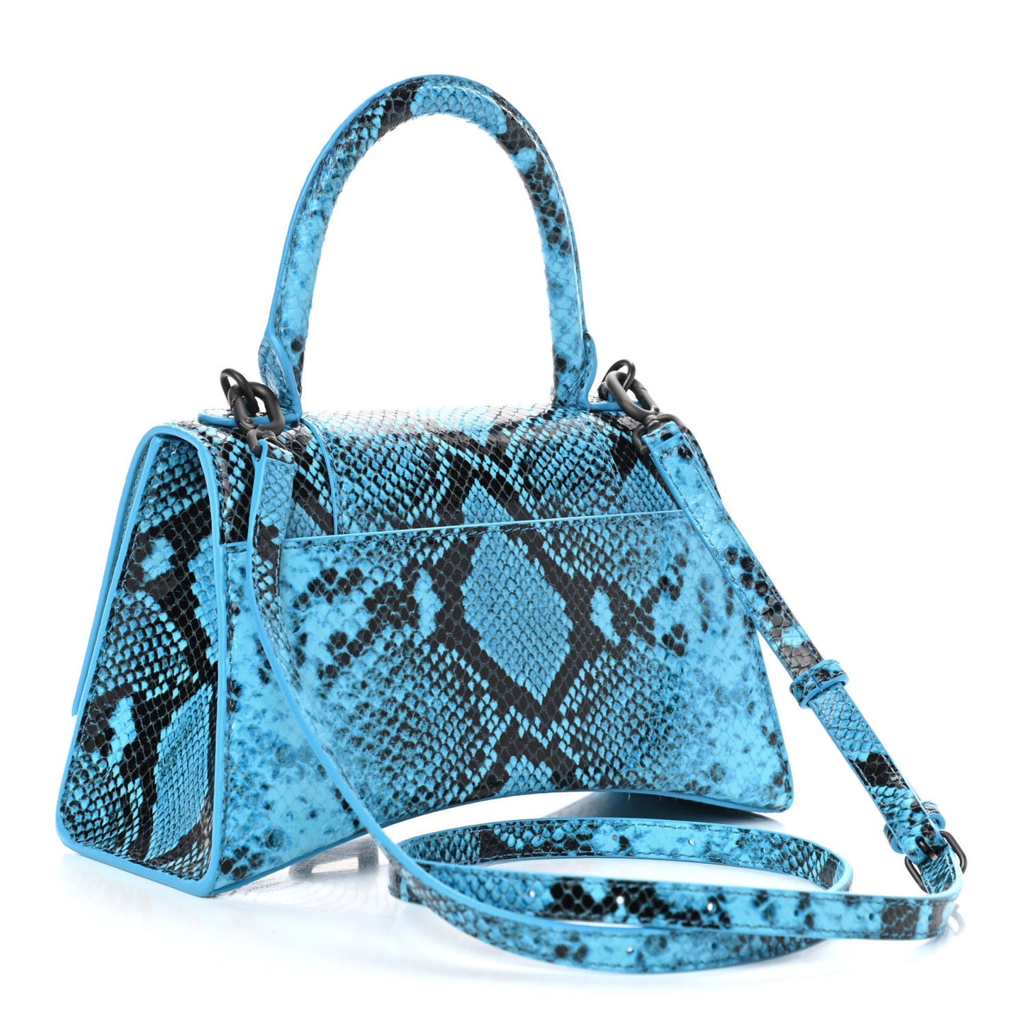 Shiny Calfskin Python Effect Small Hourglass Top Handle Bag Azur Black