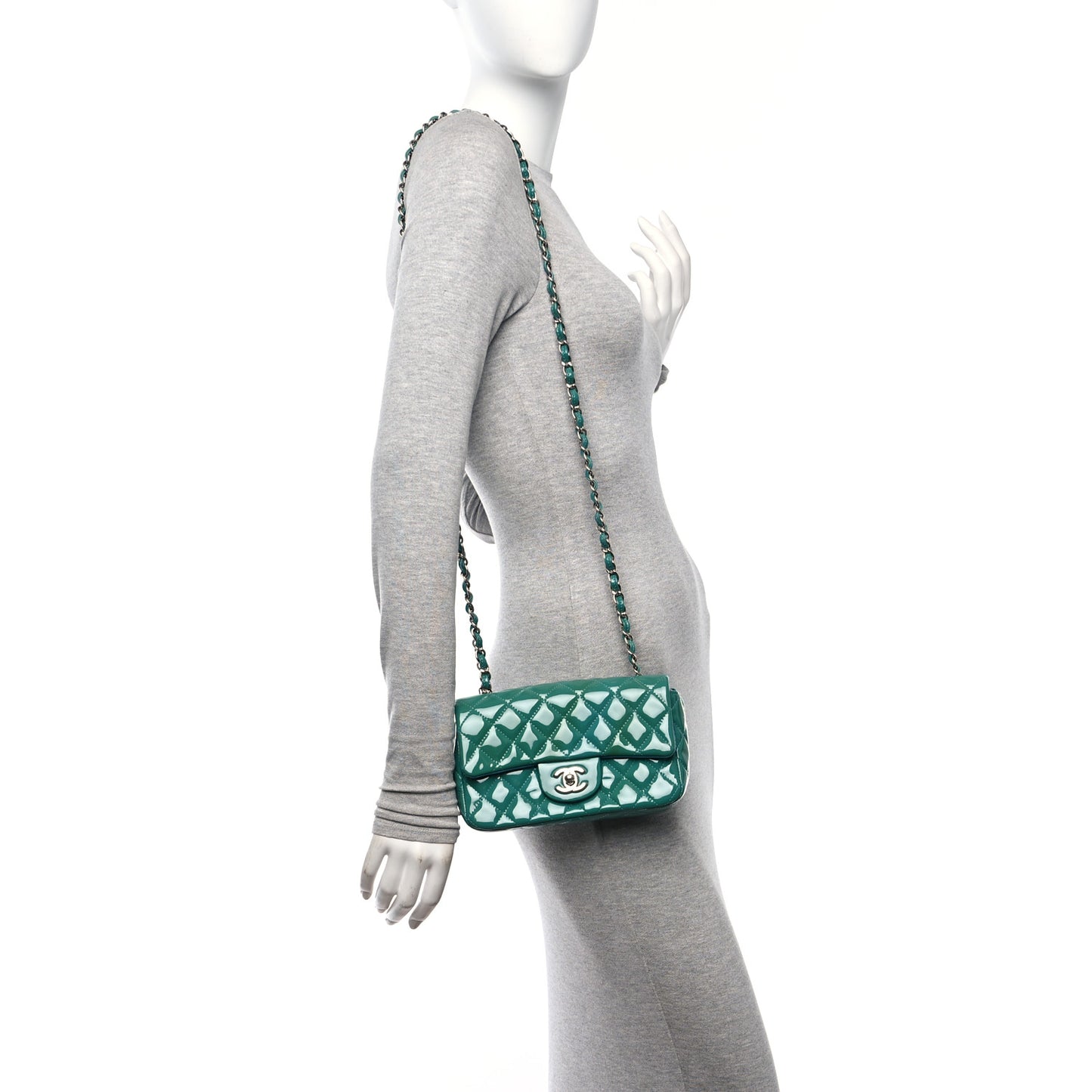 Patent Calfskin Quilted Mini Rectangular Flap Green
