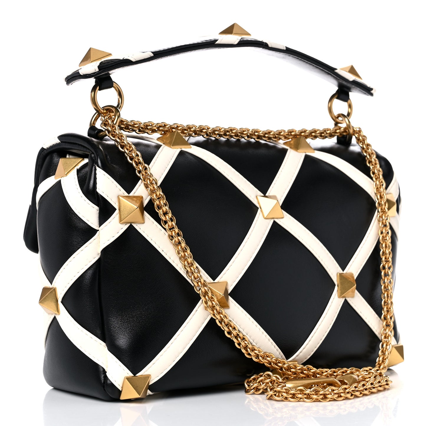 Nappa Large Roman Stud Shoulder Bag Black White