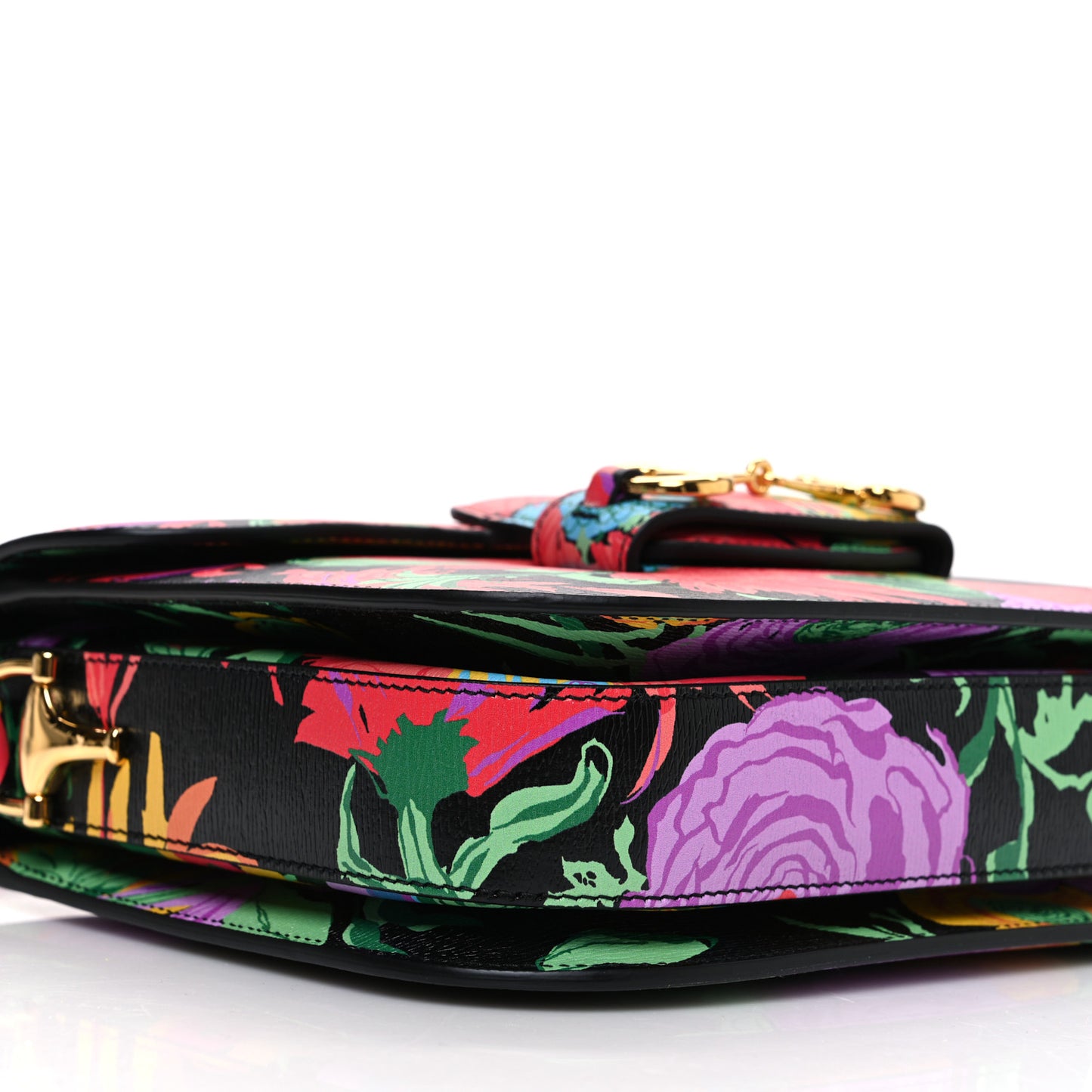 X KEN SCOTT New Shangai Calfskin Jenny Floral Print Horsebit 1955 Shoulder Bag Black Pink