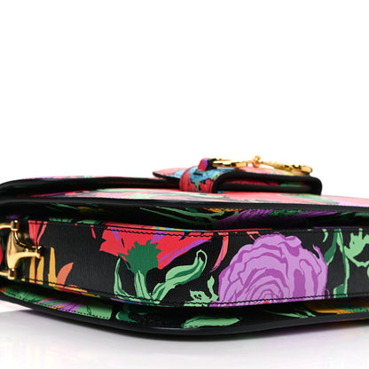 Gucci X KEN SCOTT New Shangai Calfskin Jenny Floral Print Horsebit 1955 Shoulder Bag Black Pink 9 of 10