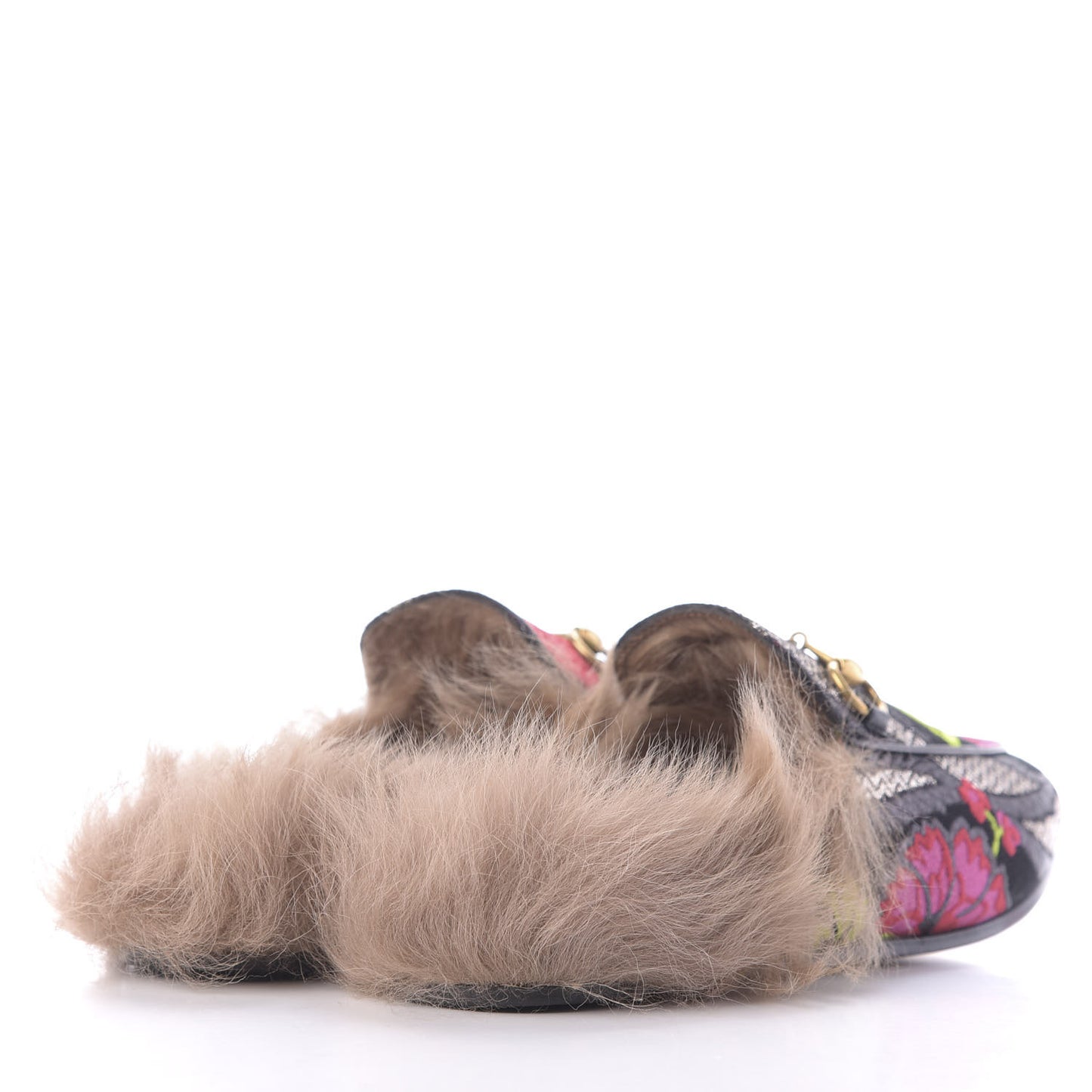 Brocade Fur Floral Womens Princetown Slippers 36 Black Anthracite
