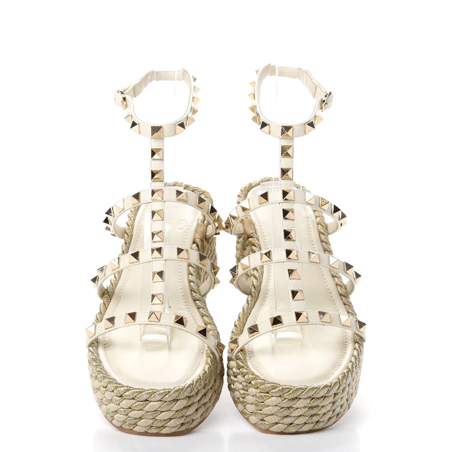 Valentino Garavani Calfskin Rockstud Ankle Strap Torchon Espadrille Caged 30/55mm Sandals 38 Light Ivory 5 of 11