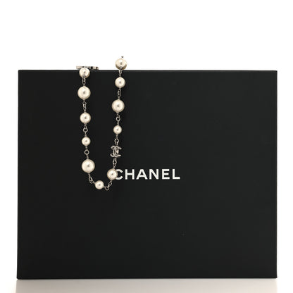 Chanel Graduated Pearl Crystal CC Long Necklace Silver 5 of 5