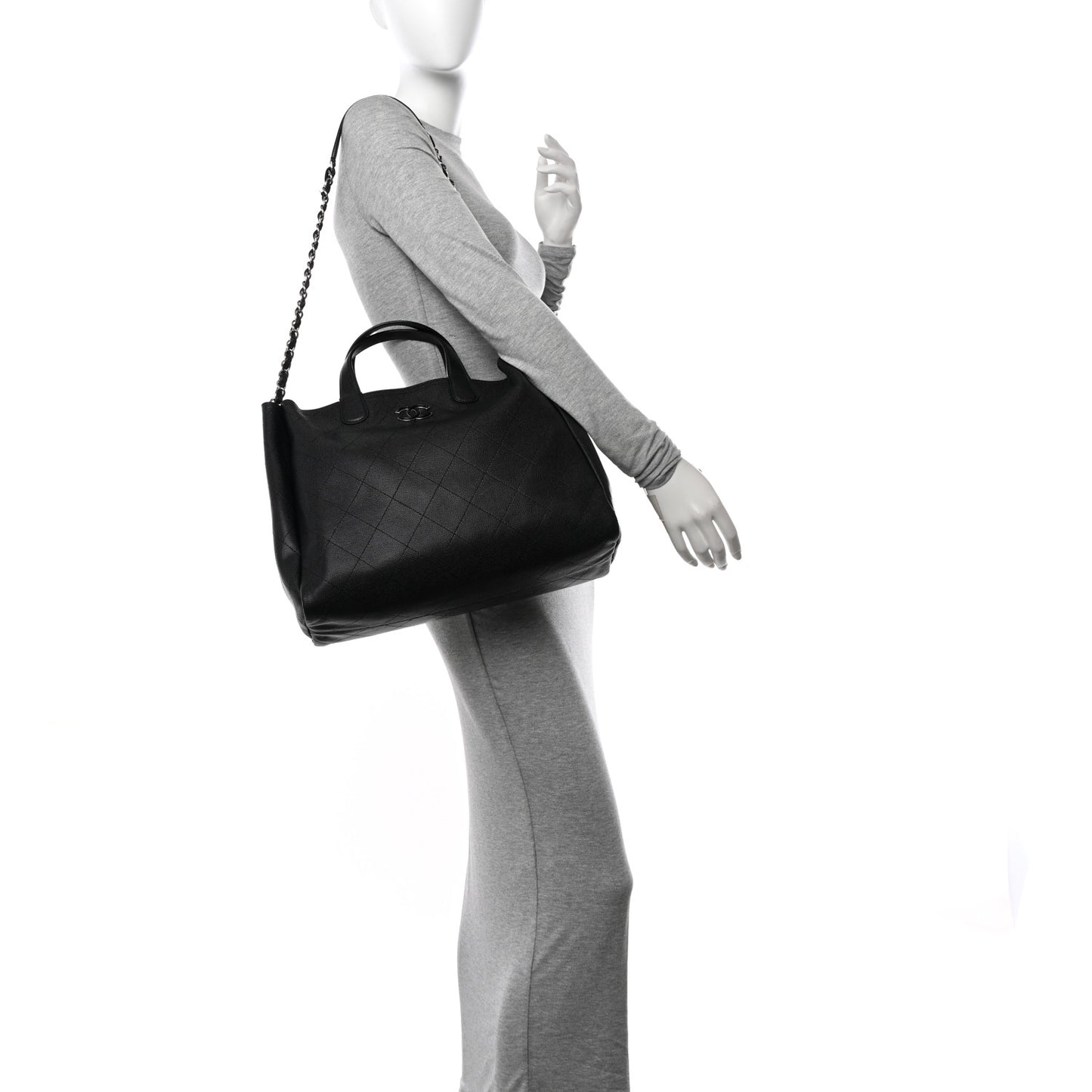 Caviar Stitched Large Lady Coco Shopping Tote Black