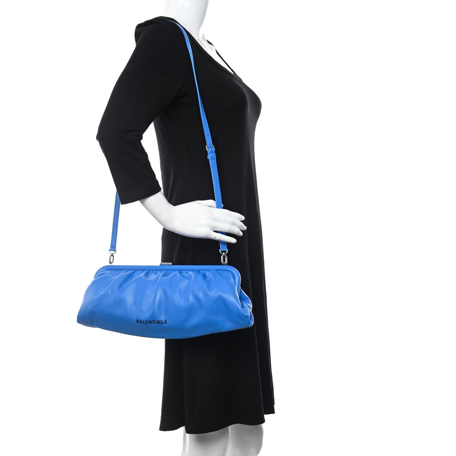 Balenciaga Grained Calfskin Logo XL Cloud Clutch Screen Blue Black 2 of 10