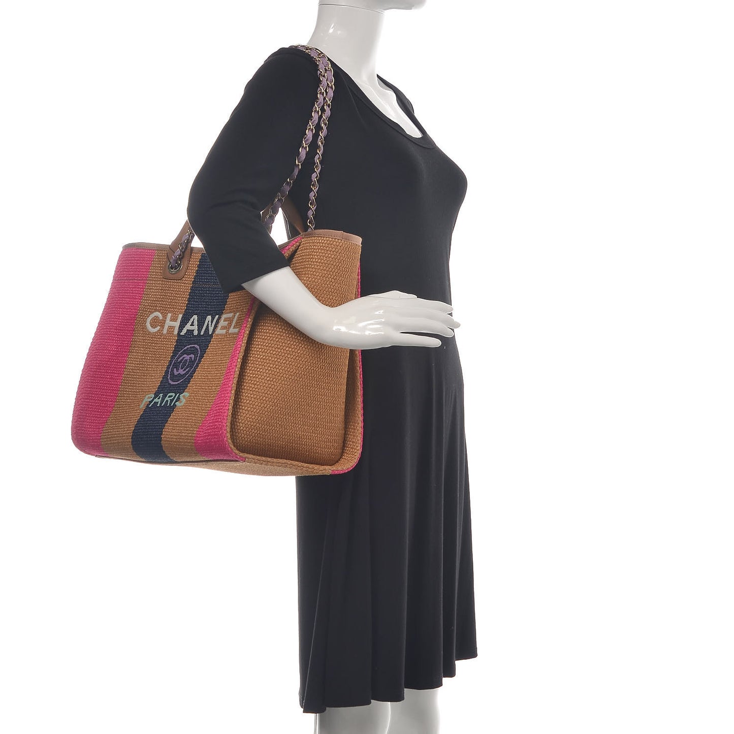 Straw Raffia Calfskin Striped Large Deauville Tote Dark Beige Fuchsia Navy Blue