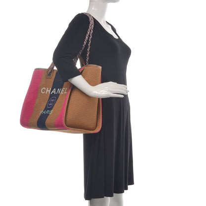 Chanel Straw Raffia Calfskin Striped Large Deauville Tote Dark Beige Fuchsia Navy Blue 3 of 12