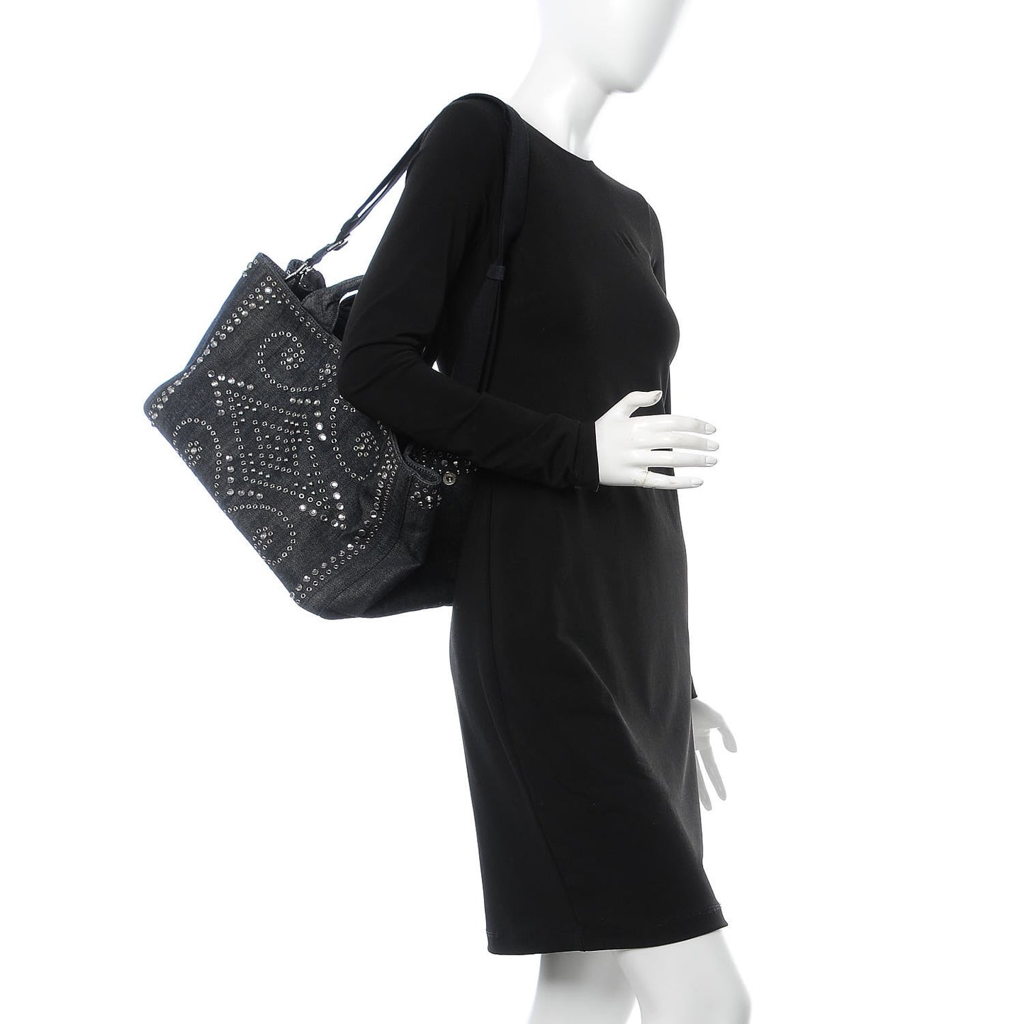 Denim Crystal Studded Canapa Tote Black
