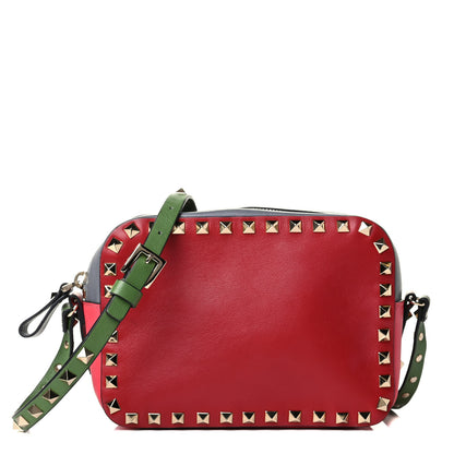 Valentino Garavani Vitello Colorblock Rockstud Camera Crossbody Bag Deep Rose Clover Grey Scarlet 1 of 6