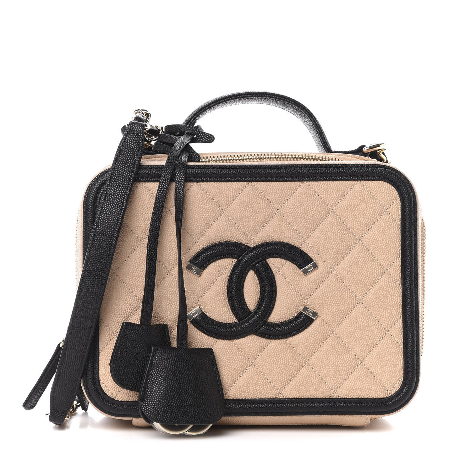 Caviar Quilted Medium CC Filigree Vanity Case Beige Black