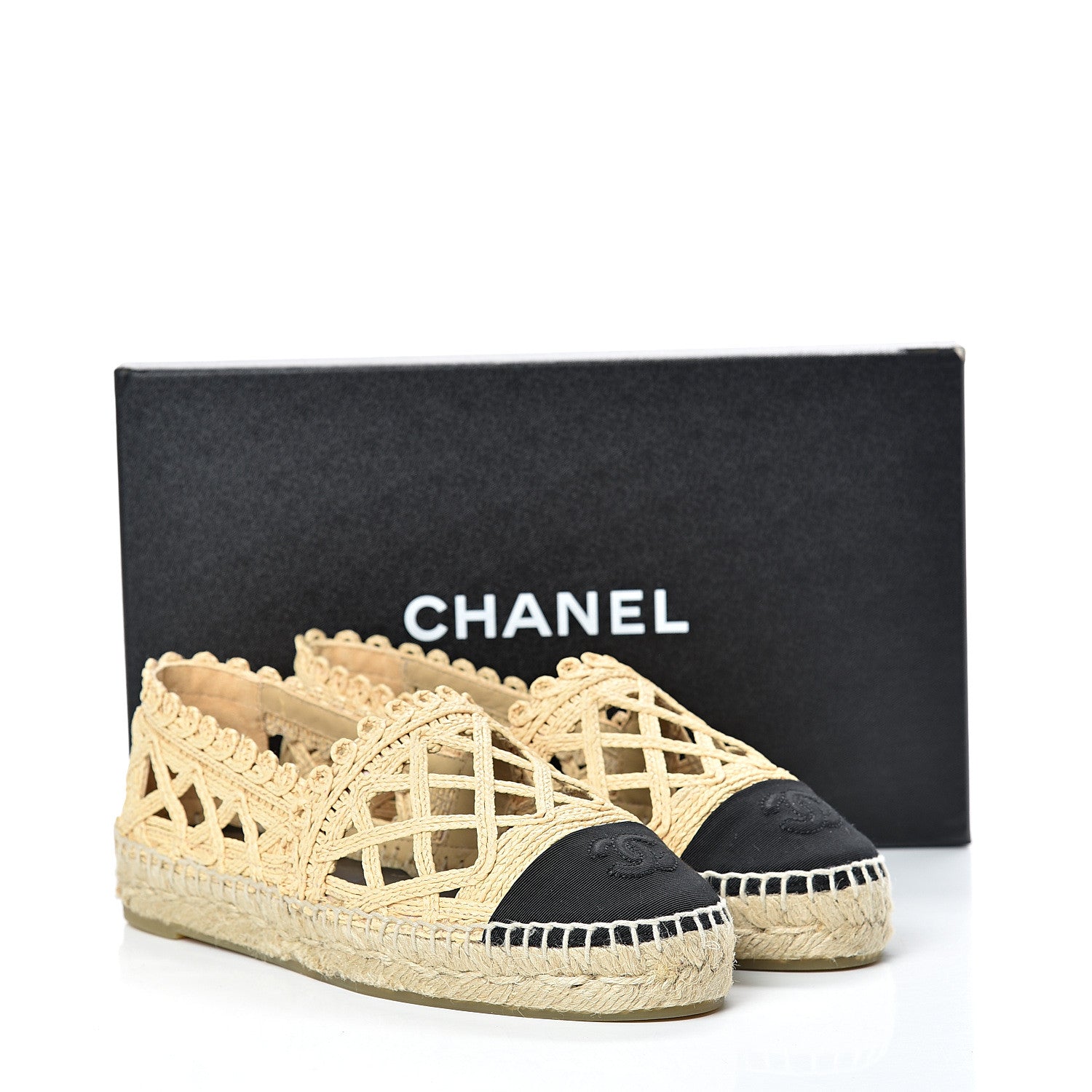 Chanel Woven Fabric Grosgrain CC Espadrilles 37 Beige Black 12 of 12
