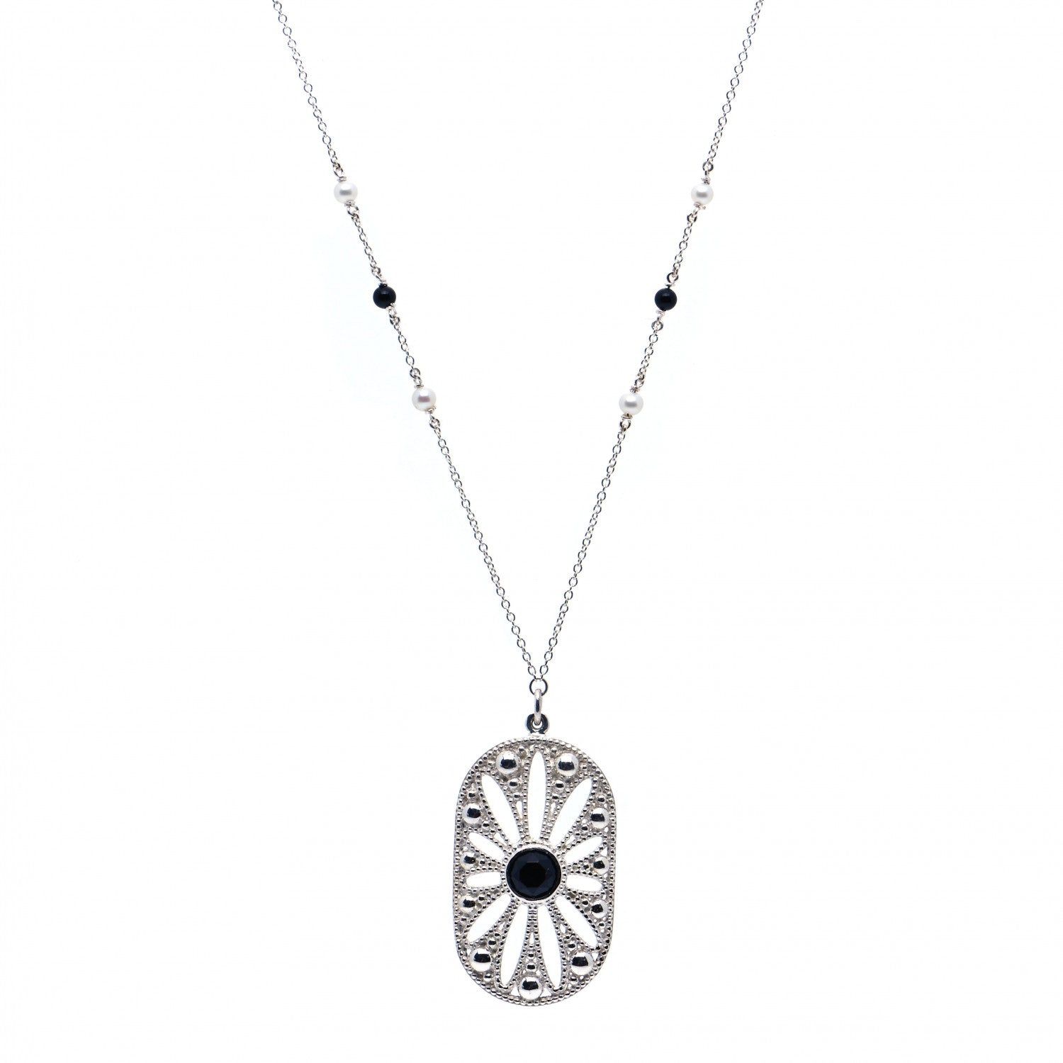 Tiffany Sterling Silver Black Onyx Pearl Ziegfeld Daisy Pendant Necklace 1 of 7