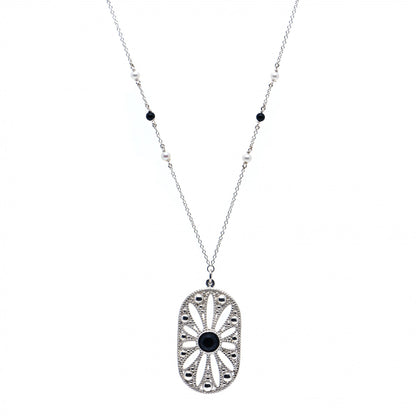 Tiffany Sterling Silver Black Onyx Pearl Ziegfeld Daisy Pendant Necklace 1 of 7