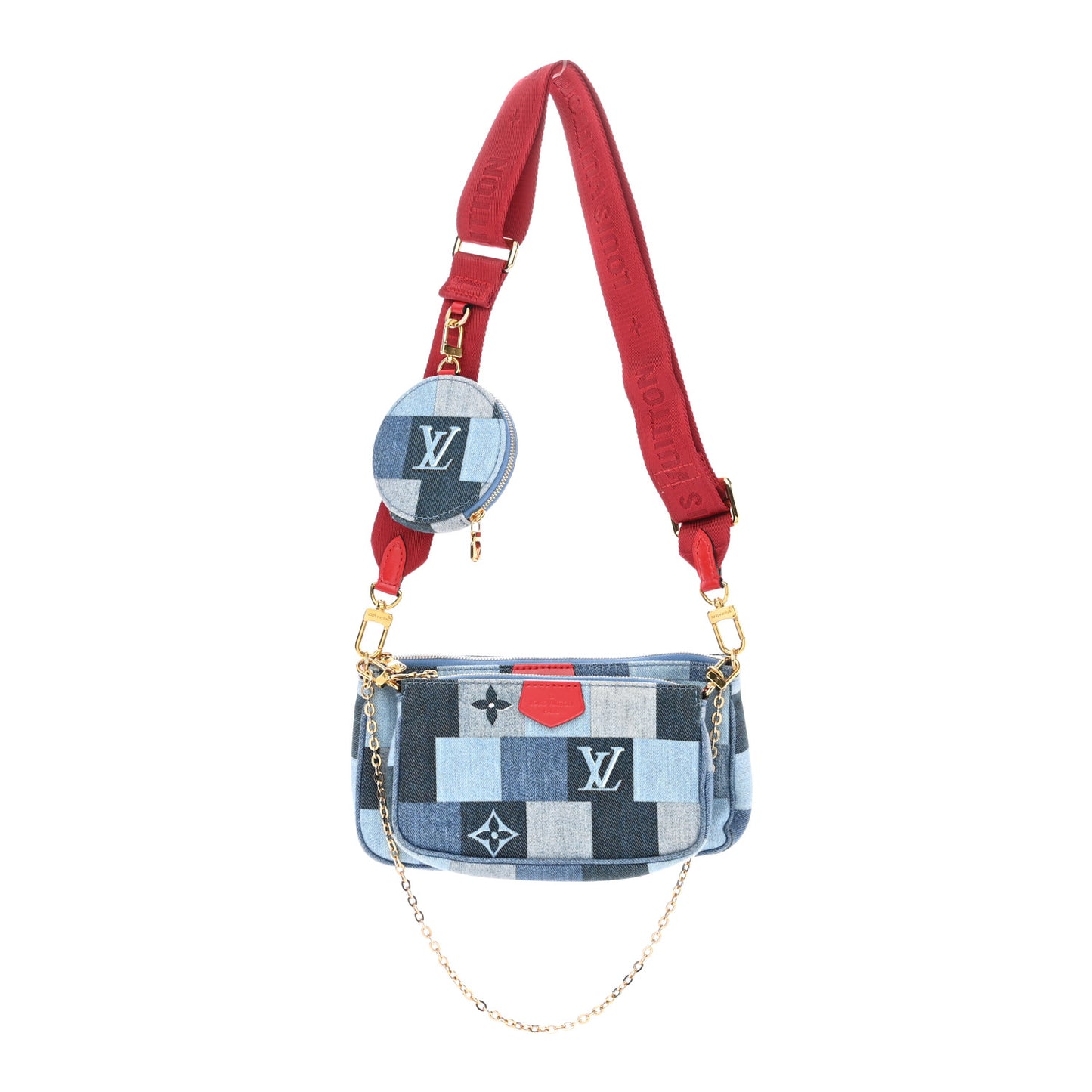 Denim Damier Monogram Patchwork Multi Pochette Accessories Blue Rouge
