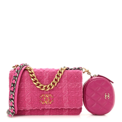 Chanel Wool Tweed Lambskin Quilted Chanel 19 Wallet On Chain WOC and Coin Purse Fuchsia 1 of 14