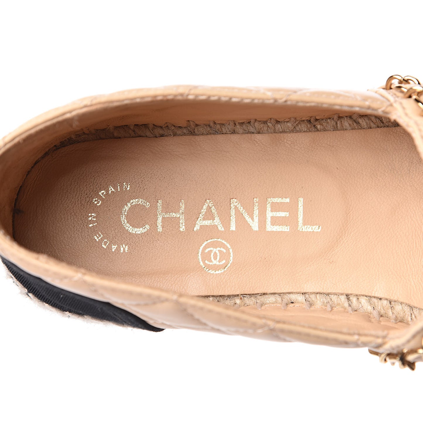 Lambskin Grosgrain Quilted CC Chain Espadrilles 35 Beige Black