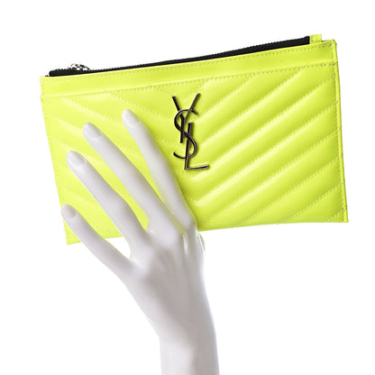 Saint Laurent Patent Grain De Poudre Matelasse Chevron Monogram Bill Pouch Neon Yellow 2 of 11