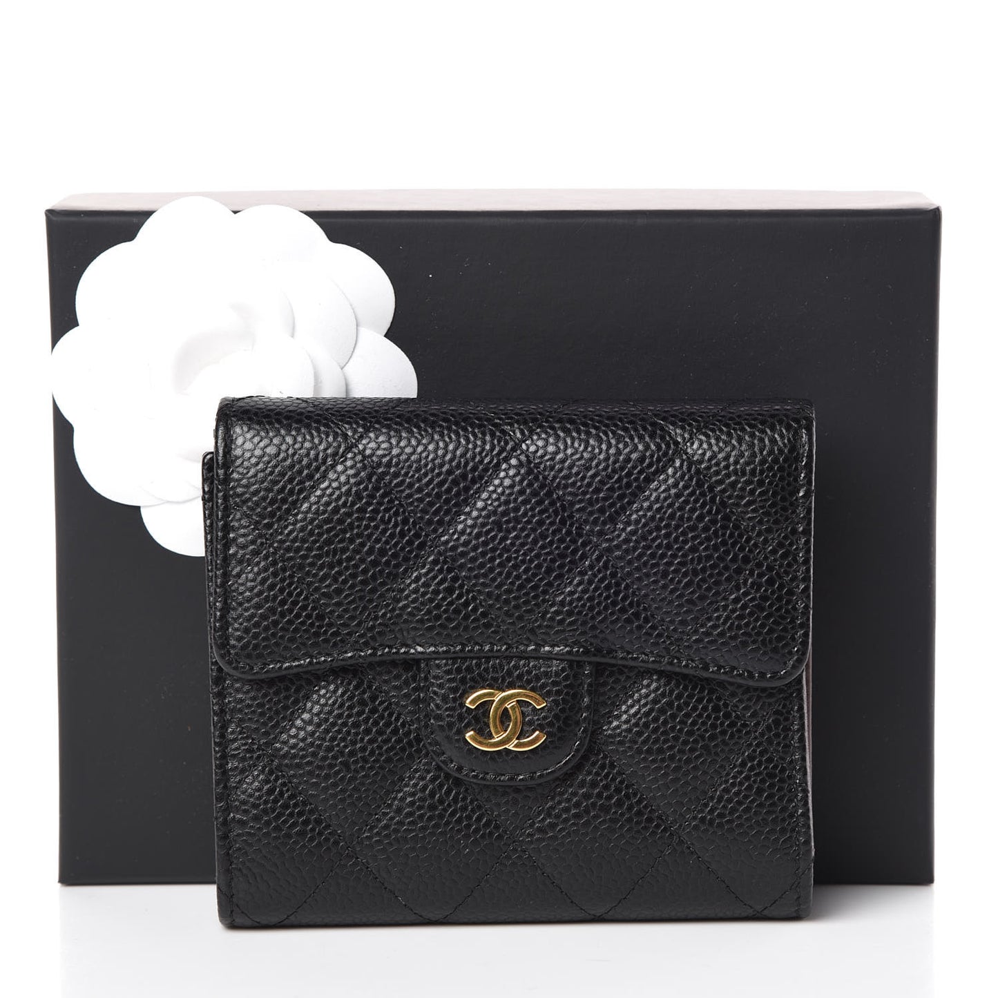 Caviar Quilted Compact Flap Wallet Black