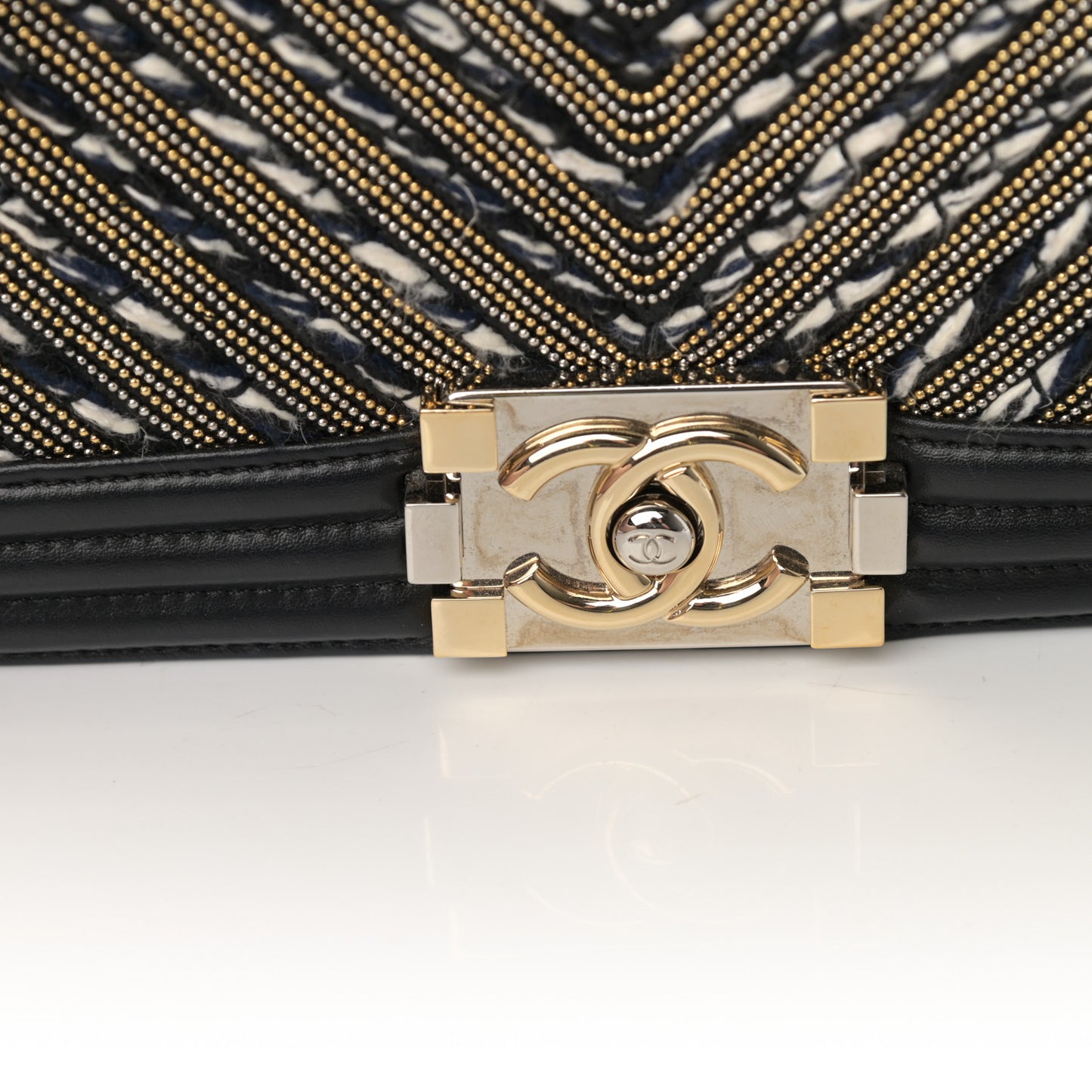 Calfskin Tweed Chain Chevron Boy Flap Black
